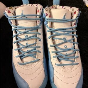 Jordan White Shoes with Light Blue Laces and Multicolor Icons